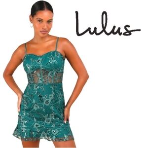 LULUS 'Glittering Delight' Emerald Mesh Sequin Embroidered Mini Dress NWT Small